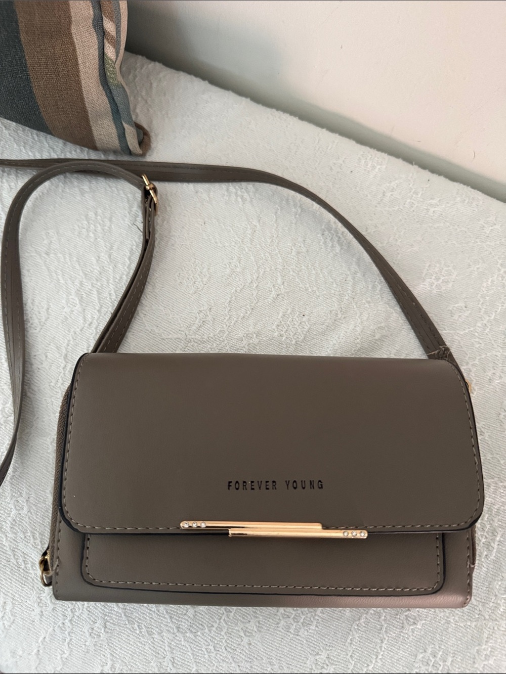 Forever Young Taupe/Gray Crossbody Bag with Gold Accent